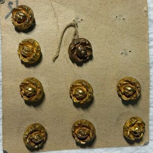 Vintage Gold-Tone Molded Rose Flower Shank Sewing Buttons - Set of 9